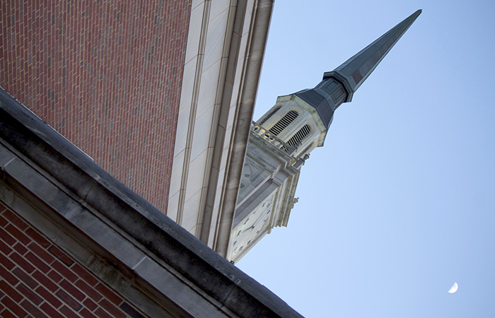 A unique perspective of the OBU's iconic building, Raley Chapel.