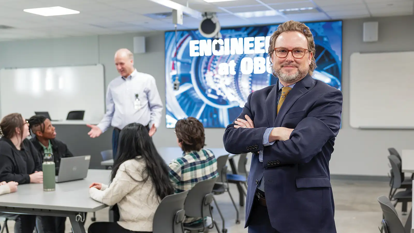 Dr. Thomas in a newly-remodeled Engineering classroom